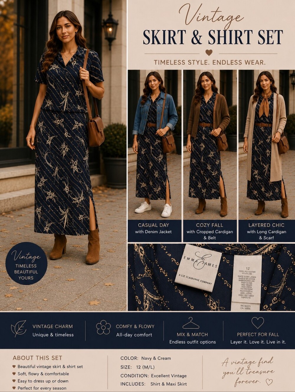 Emma James Vintage Navy Floral Maxi Skirt & Button Front Blouse 2-Piece Set 12